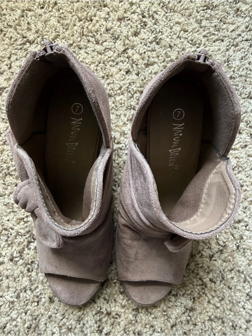 Nature Breeze Taupe Suede Peep-Toe Knot Booties